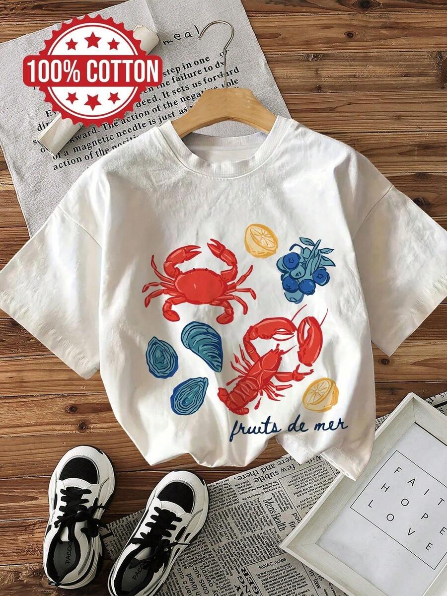 Camiseta Casual de Manga Corta para Mujer Estampado de mariscos y limones dibujados a mano, cuello redondo, corte regular. - Blanco - Ver 1