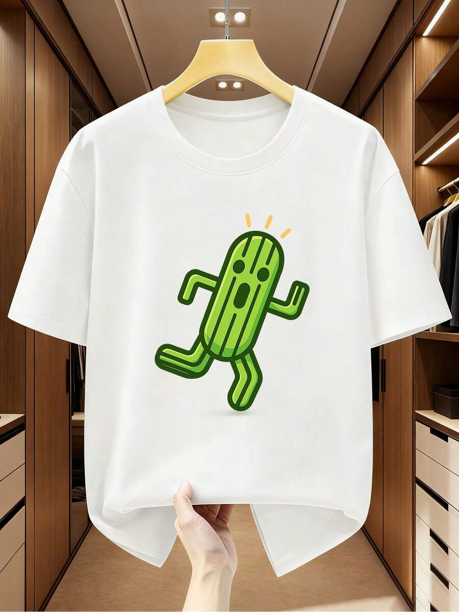 Camiseta de manga corta para hombre de talla grande, 100% algodón, diseño de cactus dinámico de dibujos animados, camiseta cómoda e informal de manga corta para el verano - Blanco - Ver 1