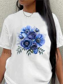 Camiseta de manga corta de poliéster, con estampado floral azul, ligera y duradera, adecuada para uso casual en casa, en la oficina o en restaurantes, cómoda y ajustada para el uso diario.blusa casual mujer - Blanco - Ver 1