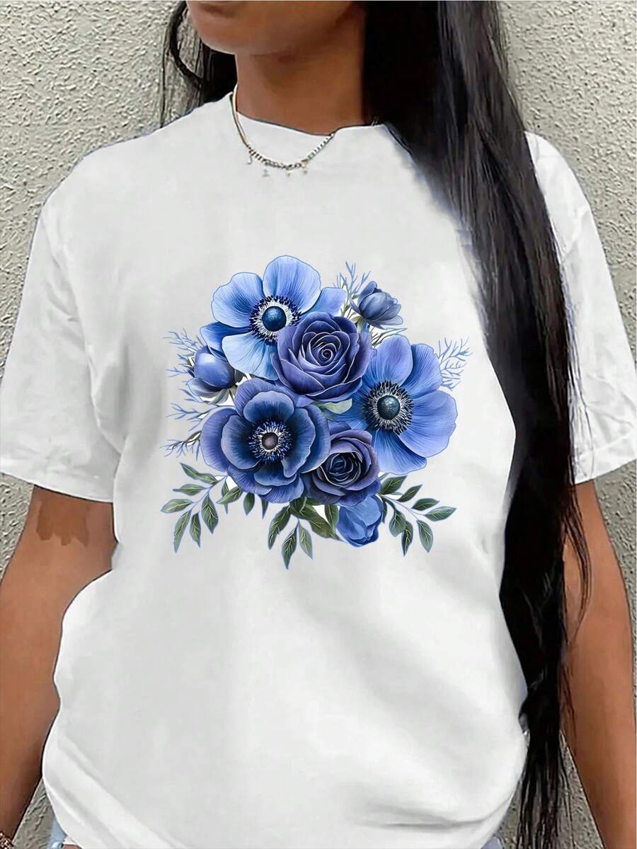 Camiseta de manga corta de poliéster, con estampado floral azul, ligera y duradera, adecuada para uso casual en casa, en la oficina o en restaurantes, cómoda y ajustada para el uso diario.blusa casual mujer - Blanco - Ver 1