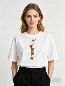 Women's Short-Sleeved One-Piece T-Shirt With An Adorable Animal Print And Monkey Design. Designed For Family And Couple Outfits. Ideal For Spring And Summer. Perfect Gift For Mom, Mother's Day Gift. Suitable For Families. . - 白色 - 查看 8