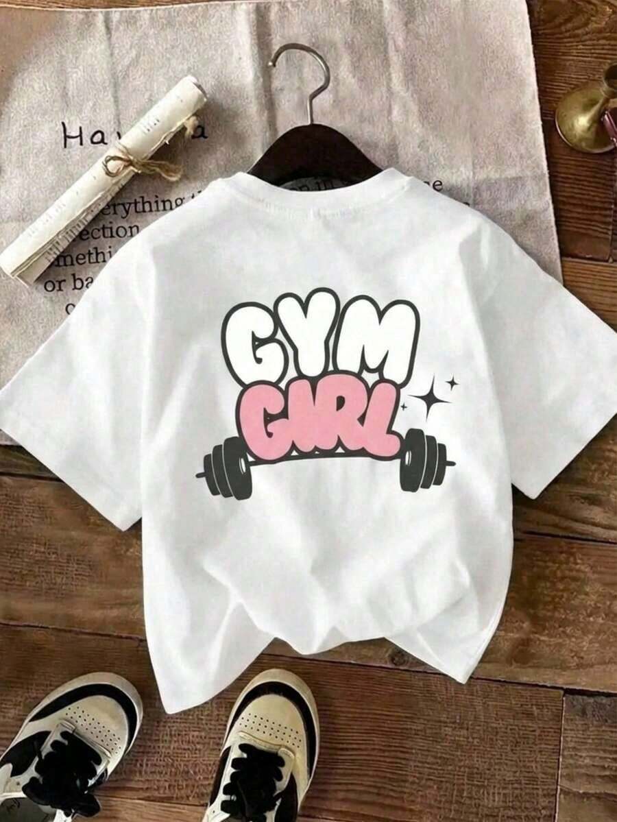SimpieAndVersatileDesignCamiseta Mujer Manga Corta Grafico Gym Girl Cuello Redondo Estilo Moderno CasualCottonT-Shirt - Blanco - Ver 1