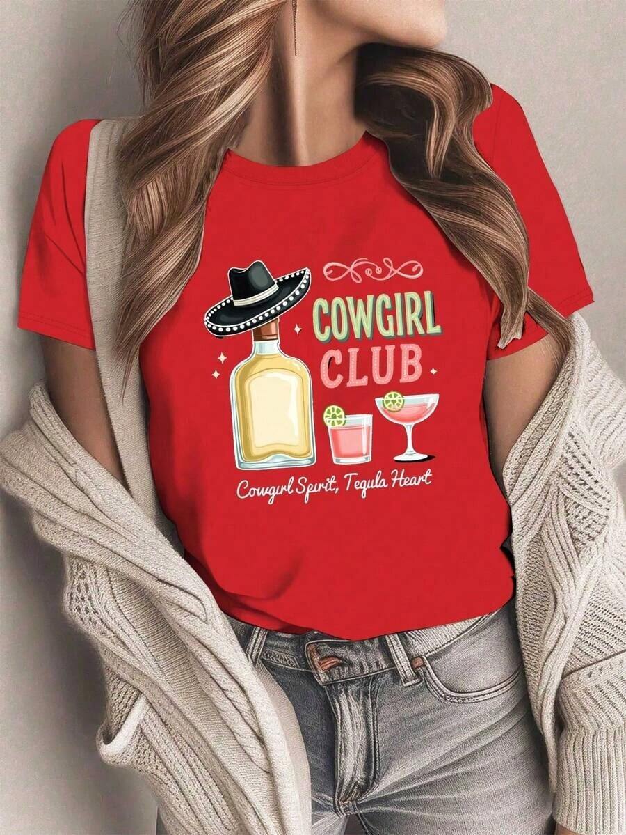 Lightweight, Simple, And Versatile Women's Jeans With A Cocktail/Nightclub Style Inspired By A Tequila Theme. T-Shirt – This Design, Full Of Western Charm, Features Cowboy Hat, Tequila, And Cactus Motifs, And Is Casual And Suitable For All Seasons. Very Popular. Pure Cotton T-Shirt. - 紅色 - 查看 1