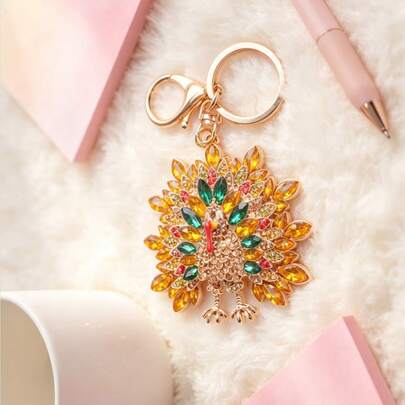 Vibrant Golden Peacock Keychain, Gold-Tone With Multi-Color Rhinestone, Exotic Peacock Bag Charm, Ideal For Handbag Decor & Bohemian Lover's Gift