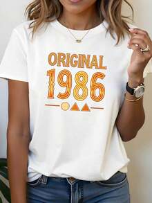1 Piece Of Women's Short-Sleeved T-Shirt, Vintage Style ORIGINAL 1986, With Text Print, Round Neck, For Spring/Summer, Suitable For Casual Shopping, Christmas Gifts, Friend Gatherings And Holiday Wear, 180g 100% Cotton. - 白色 - 查看 6