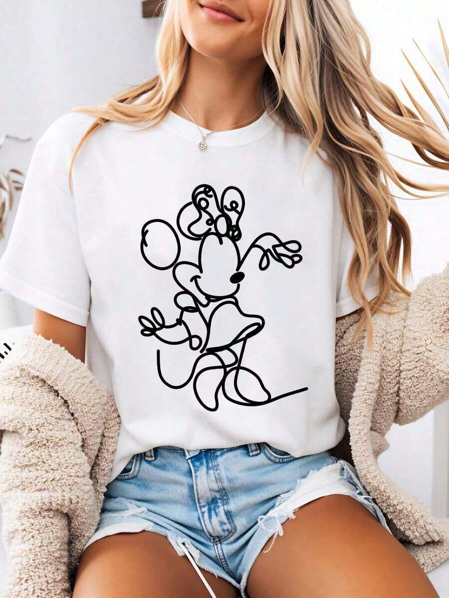 Disney-Style Women's Graphic Tee Featuring A Simple Black-Line Minnie Mouse Cartoon Print. This Women's Summer Round-Neck Tee Is Crafted From Soft, Comfortable 100% Cotton Fabric, Perfect For Everyday Wear, Outdoor Activities, Or Shopping Outings. It Also Makes An Ideal Women's Vacation Outfit. - trắng - Xem 1