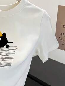 Diseño Simple y Versátil Primavera/Verano Casual Cuello Redondo a la Moda Corte Holgado Versátil Camiseta de Manga Corta para Mujer Camiseta Estampada de Algodón - Blanco - Ver 4