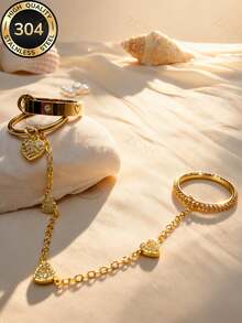 ZCNC 304 Stainless Steel 18K Gold Plated Heart Chain Ring Set, 3pcs/Set, Inlaid Pearl & Fully Paved Ring, Low Allergy, Fashion Jewelry, Perfect Mother's Day Gift, Summer Vacation Accessory - Gold - View 6
