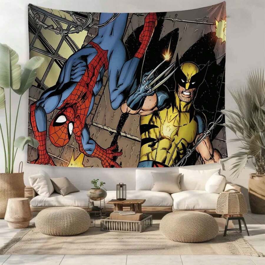 1pc M-Arvel Superheroes Tapestry, S Pider Man Wolverine Graphic With Retro Comic Action Scene, Vibrant Wall Hanging For Home Living Room Bedroom Dorm, Aesthetic Room Decor, Large Wall Art, Photo Booth Backdrop, Manga Style Design, Tapestry Ideal As A Gift For Family And Friends, Ideal For Parties, Parties, Children'S Decoration, Wall Decoration For Living Room, Ideal For Bedroom, Living Room, Hallway, Wall Decoration - Nhiều màu - Xem 1