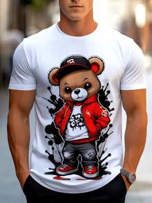 Men's Funny Bear Print T-Shirt - Modern And Comfortable Crew Neck Design, Urban Style, Machine Washable, Casual T-Shirt, Perfect Gift, Durable Fabric, Ideal For Weekend Wear, Soft Material, A Must-Have For Young People. - 白色 - 查看 1