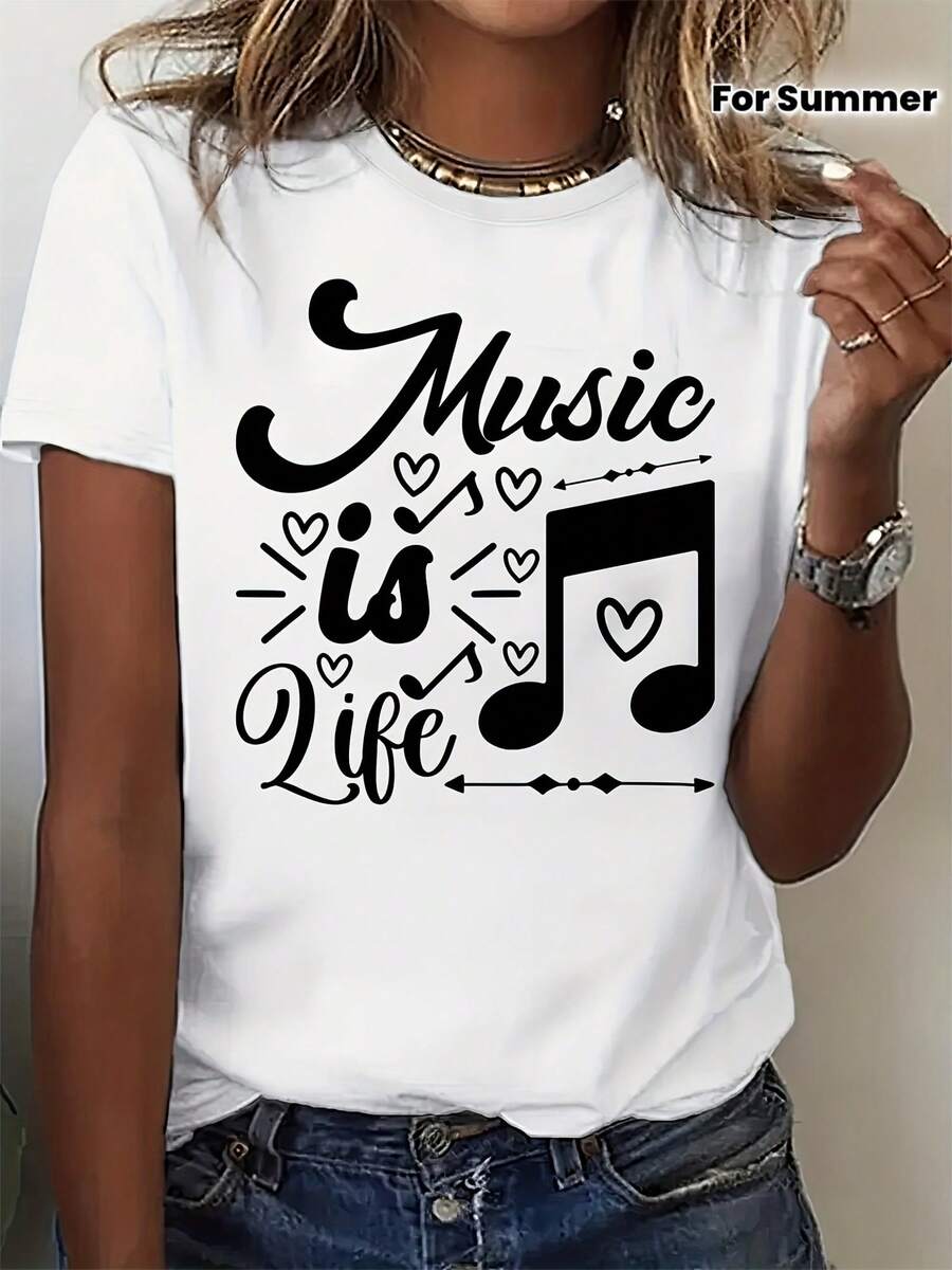 Camiseta de mujer con estampado de música - top de manga corta con cuello redondo de fibra de poliéster suave con el diseño "La música es vida", adecuada para amantes de la música, camiseta casual de verano y primavera, top casual de primavera. | Diseño Artístico Superior | Camiseta con Diseño Gráfico Atrevido 180g 100% Algodón - Blanco - Ver 1