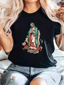 Women's Virgin Mary Graphic Print T-Shirt, Casual Short Sleeve Crew Neck Floral Design T-Shirt, Black Summer And Spring T-Shirt, Relaxed Fit T-Shirt, Artistic Casual Wear, Themed Clothing - 黑色 - 查看 5
