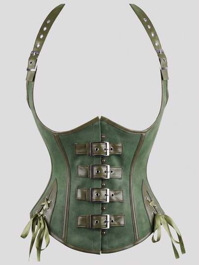 1pc Women's Halter Neck PU Leather Waist Cincher Punk Style Leather Corset Top, Waist Slimming