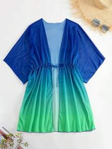Kimono de ombré de cintura con cordón de manga murciélago de malla - Multicolor 2 - Ver 7