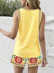 Set de 2 blusas tipo top casual con estampado floral retro vintage para mujeres, de cómodo estampado de flores, adecuado para primavera/verano y ocio/vacaciones - Amarillo - Ver 2