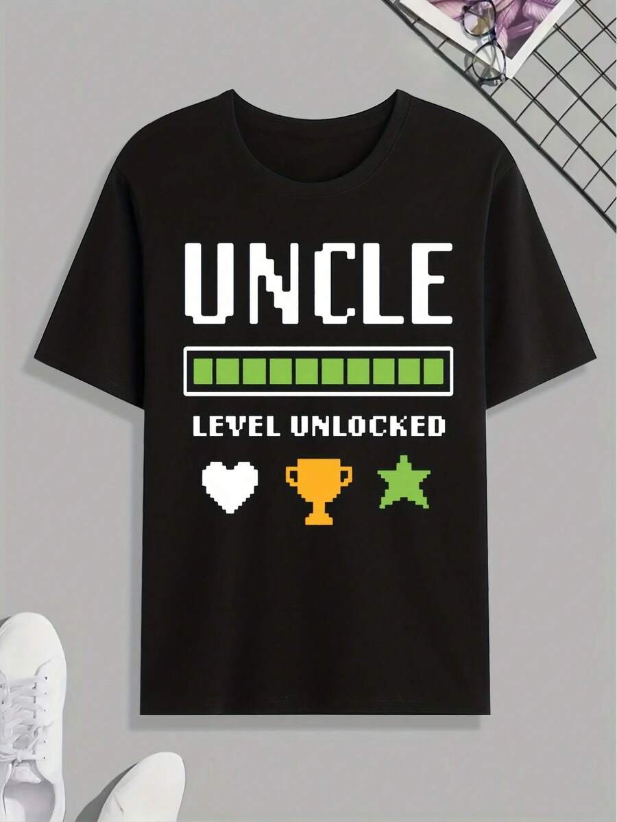 Camiseta divertida con estampado 'Tío Nivel Desbloqueado', camisetas para hombre, camiseta casual de manga corta para verano, primavera y otoño, ideales como regalo. - Negro - Ver 1