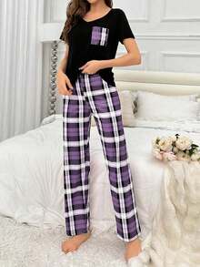 Conjunto De Pijama De Cuadros Para Mujer - Morado - Ver 4