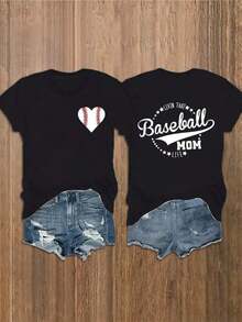 Women's "Baseball Mom" T-Shirt - Double-Sided Print, Mother's Day Gift, Soft Cotton Crew Neck Short Sleeve T-Shirt, Casual Spring And Summer Top Suitable For Daily Wear And Sports Activities, Sporty Print T-Shirt | Comfortable Slim Fit T-Shirt, Baseball Mom Accessories - 黑色 - 查看 5