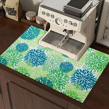 1pc Fresh Blue & Green Chrysanthemum Pattern Absorbent Dish Drying Mat, Espresso Machine Countertop Absorbent Mat, Sink Drain Mat, Soft Faucet Absorbent Mat, Sink Cup Mat, Home & Kitchen, Bathroom Accessories - Multicolor - View 4