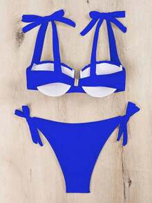 Conjunto de bikini de dos piezas de unicolor para mujer para la playa de verano - azul real - Ver 5