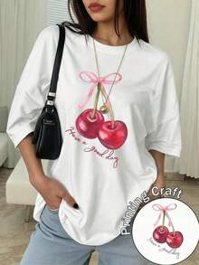 Women's Casual Black Short Sleeve T-Shirt, Polyester, Cherry Print, Round Neck, Regular Fit, For Everyday Wear XF2C - 白色 - 查看 1
