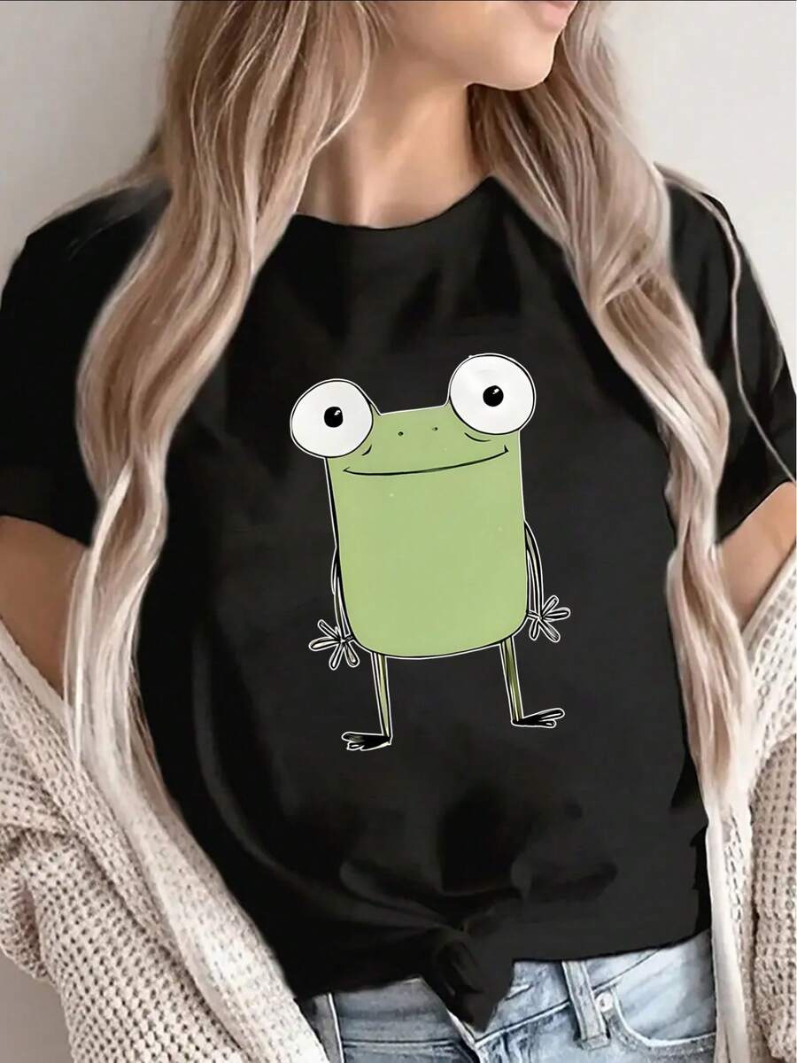 Camiseta de manga corta, ligera y duradera, con un bonito diseño de rana, es perfecta para el hogar, el trabajo o cenas y salidas informales, ofreciendo una experiencia de uso cómoda para el día a día, con una variedad de estilos disponibles. - Negro - Ver 1