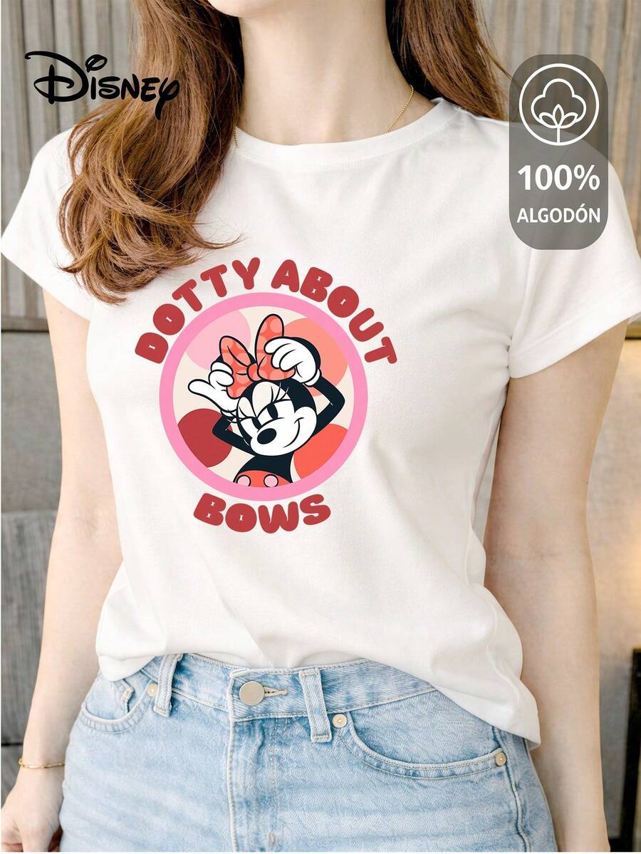 Women's T-Shirt Made Of 100% High-Quality Cotton, This T-Shirt Guarantees Exceptional Softness To The Touch, Round Neck With "Disney Minnie Dotty About Bows" Print And Short Sleeves - 白色 - 查看 1