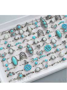 20pcs/Set Vintage Bohemian Style Turquoise Rings, Women's Mixed Blue Faux Stone Ring Set, Party Gift, Random Styles - 20 Random Turquoise Rings - View 3