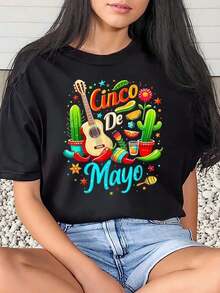 Camiseta Vintage para Mujer con Estampado Colorido de Guitarra, Cactus y Flores para Celebración del Cinco de Mayo, Camiseta Gráfica para el Festival del 5 de Mayo - Negro - Ver 6