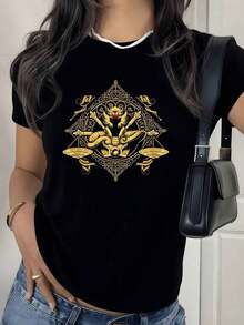 100% Cotton. Golden Symbol Inspired By Zodiac Energy With Scorpion And Wings Representing Mysterious Power And Spiritual Protection. Women's 100% Cotton T-Shirt. Women's Simple Solid Color T-Shirt, Loose And Slim Fit Casual Short Sleeve - 黑色 - 查看 1