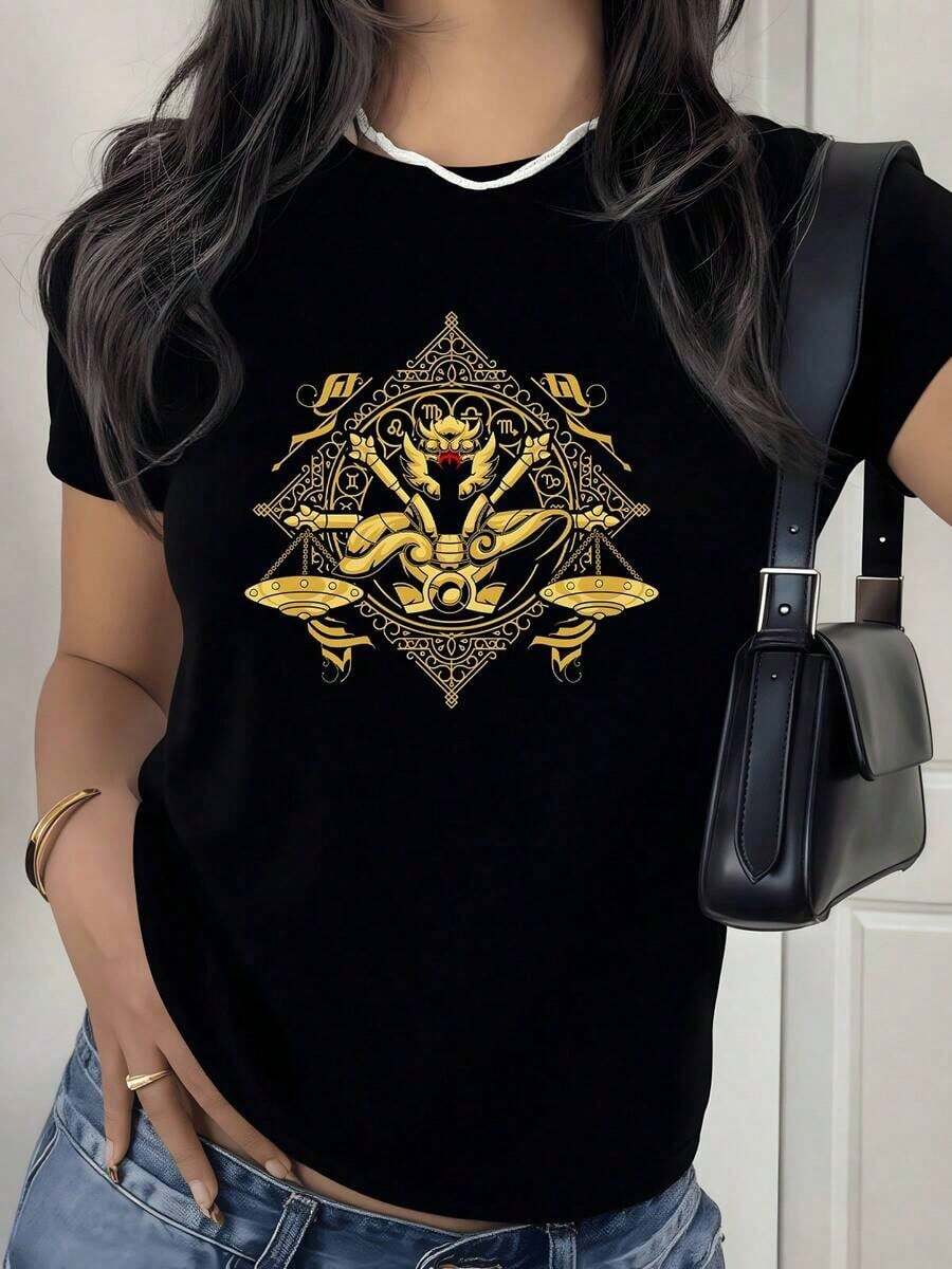 100% Cotton. Golden Symbol Inspired By Zodiac Energy With Scorpion And Wings Representing Mysterious Power And Spiritual Protection. Women's 100% Cotton T-Shirt. Women's Simple Solid Color T-Shirt, Loose And Slim Fit Casual Short Sleeve - 黑色 - 查看 1