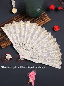 1pc White Sakura Handheld Folding Fan, Gold Foil Printed, Portable Hand Fan For Home, Summer, Wedding, Party, Gift, Elegant Floral Pattern, Lightweight And Easy To Carry - Multicolor - View 9