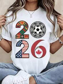 Camiseta Casual de Verano para Mujer, Playera Gráfica Casual Juvenil Blanca con Diseño de la Copa Mundial 2026, con Patrón de Bola de Fútbol y Banderas de México, EE. UU. y Canadá, para Eventos de Aficionados al Fútbol - Negro - Ver 10