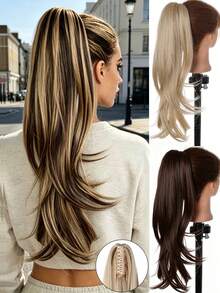 Fashion Long Wig For Women, Blonde Wavy High Ponytail Clip-On Hair Extension - Multicolor - View 4