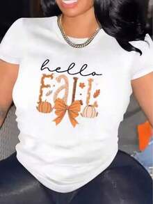 Women's Printed T-Shirt, Simple Casual Top, With A "Hello Autumn" Print Featuring Pumpkins And A Bow, Suitable For Everyday Casual Activities And Vacations. Summer T-Shirt. - 白色 - 查看 6