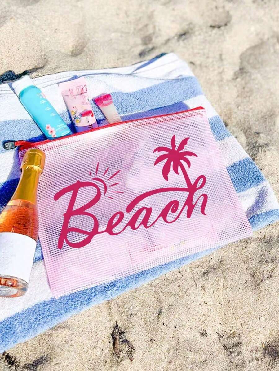 防水時尚海灘包,印有「Beach」字樣、棕櫚樹與太陽圖案。大容量透明化妝包配尼龍拉鍊,輕巧便攜,可存放防曬霜、零食、比基尼和海灘必需品。適合春夏收納,耐用,完美適用於游泳、海灘、潛水和夏季度假、返校。生日、節日、派對、婚禮(伴娘)的理想禮物與紀念品 - 彩色 - 查看 1