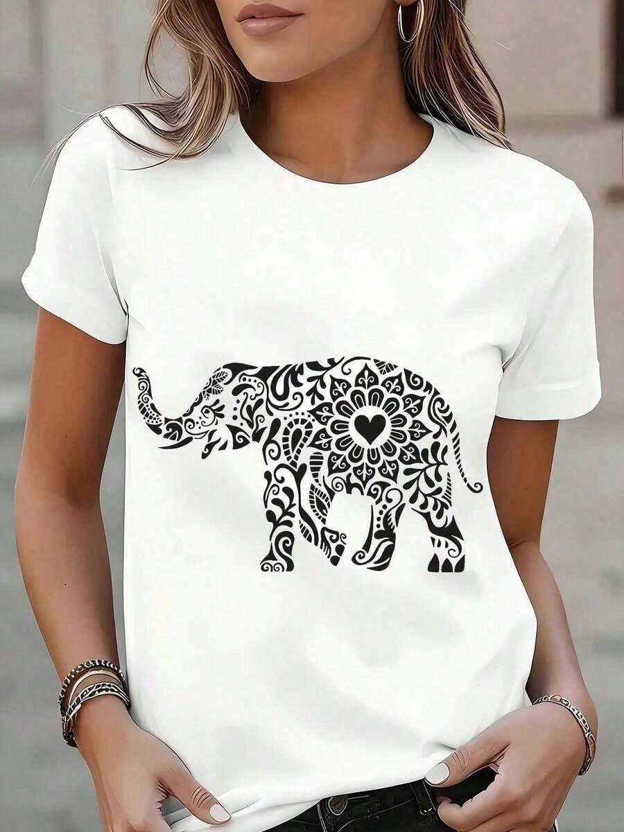 Women's T-Shirts, White Elephant Mandala Print T-Shirt, Casual Short-Sleeved Top For Women, Boho-Style Animal Print T-Shirt For Everyday Wear, Summer Set, Fashion Piece. Blouses For Women. - 白色 - 查看 1