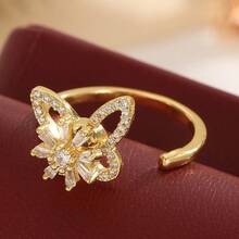 1 pieza Anillo giratorio Fidget de cobre con circonita, con diseño de flor, estrella y luna, para alivio de ansiedad y estrés, para uso diario, regalo - Plateado - Ver 3