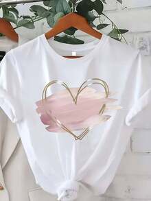 2026Camiseta negra de talla grande para mujer con estampado de corazón dorado y patrón geométrico - Top casual de manga corta y cuello redondo, elasticidad media, lavable a máquina para primavera, verano y otoño, camisetas para damas, moda de temporada, c - Blanco - Ver 10