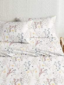 4pcs White Base Multi Color Floral Leaf Butterfly Pattern Sheet Set Easy Care Microfiber Soft Bedding Set Fitted Sheet Set (1pc Flat Sheet+1pc Fitted Sheet+2pcs Pillowcases) Fitted Sheet Set King Queen Full TWIN SIZE Sheet Deep Pocket Up To 11.8 Inch Pillowcase, Soft Breathable Wrinkle-Free Better For Sleep, Luxury Hotel Style,Minimalist Cottage Core Bed Linen - Multicolor - View 4