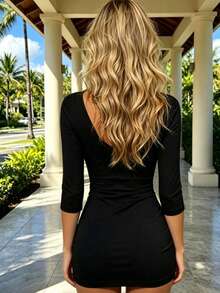 Women Mini Dress Solid Color Sexy V Neck Short  Sleeve Ruched Bodycon Dress Tight Short Going Out Dresses Club - Black - View 4