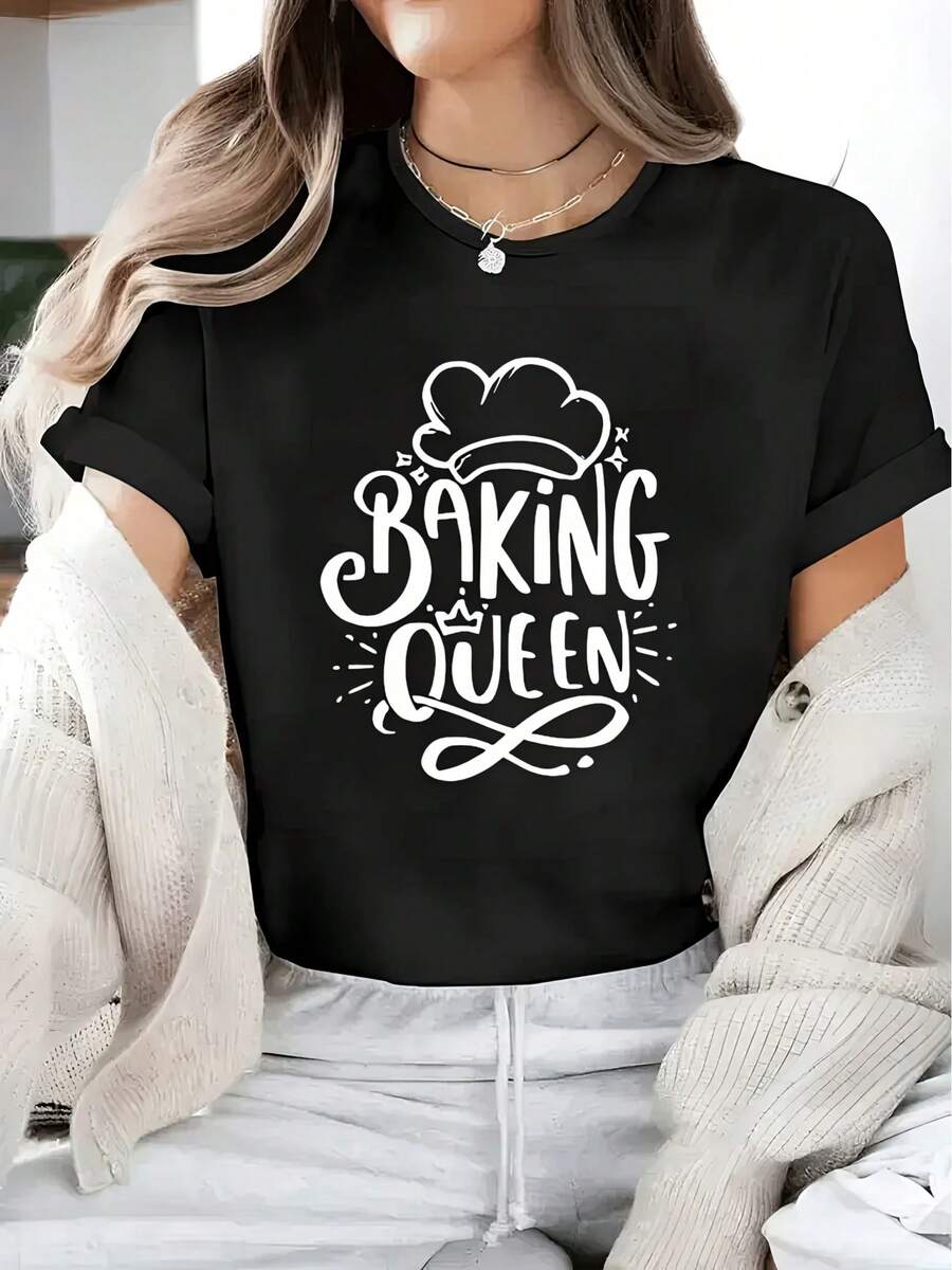 Camiseta de mujer, camiseta estampada con diseño, top casual de manga corta y cuello redondo, adecuada para verano y primavera, ropa de mujer. - Negro - Ver 1
