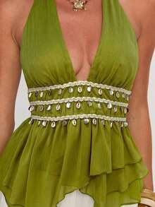 New Sexy Solid Color Summer Camisole With Open Back And Halter Neck, Deep V-Neck Design, Irregular Hem, Shell Strap Decoration, Retro Bohemian Style, Versatile And Fashionable, Textured Fabric. - Black - View 7