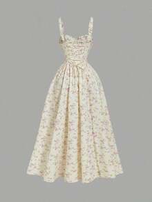 MOD Vestido midi elegante con cintura fruncida y estampado floral vintage para mujer, atuendo de vacaciones, atuendo de verano para mujer, ropa occidental para mujer, atuendo de campo, ropa de playa para vacaciones, Día de San Valentín, vestido bohemio para mujer - Amarillo - Ver 2