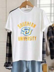 Heavyweight Wo's Oversized Crew Neck Cotton Graphic Print T-Shirt, Southern University Logo Print, Casual Wear, Loose Fit Short Sleeve T-Shirts For Spring, Fashionable Summer Basic T-Shirts, Fun Clothing With Black And White Options, Party Gift, Women's Hit. - 白色 - 查看 3