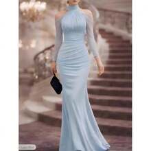 2026 New Sexy Style Of Sexy And Fashionable Party Dress With A Halter Neck, Elegant And Refined Chiffon Off-The-Shoulder Long-Sleeved Evening Gown - 灰色 - 查看 4