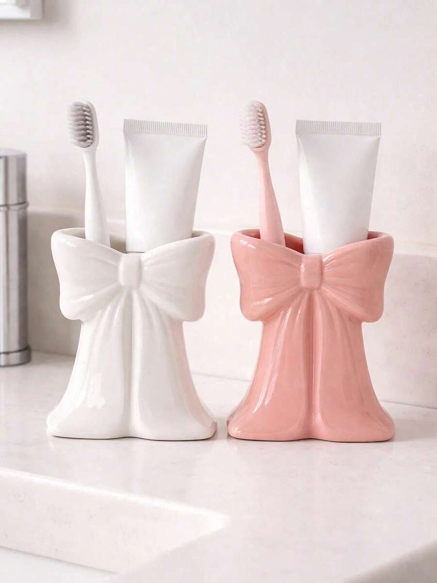 1pc Bowknot Toothbrush & Toothpaste Holder, Cute & Elegant Desktop Organizer For Bathroom Vanity, Creative Oral Care Tool Decor With Bow Design, Tidy & Orderly Toothbrush & Toothpaste Rack For Daily Use