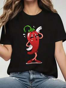 Women's Pepper Print T-Shirt - Casual Round Neck Blouse Suitable For Parties, Role-Playing, And Casual Wear - Soft, Comfortable, And Stretchy Costume (Machine Washable) Casual Blouses For Ladies - 黑色 - 查看 2