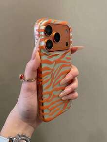 Zebra Pattern Blue & Brown Leopard Print Unique Phone Case, Compatible With IPhone 16 Pro Max, 14, 13, 12, 17, 15 Pro, Fashionable Anti-Fall Protective Cover - Orange - View 5