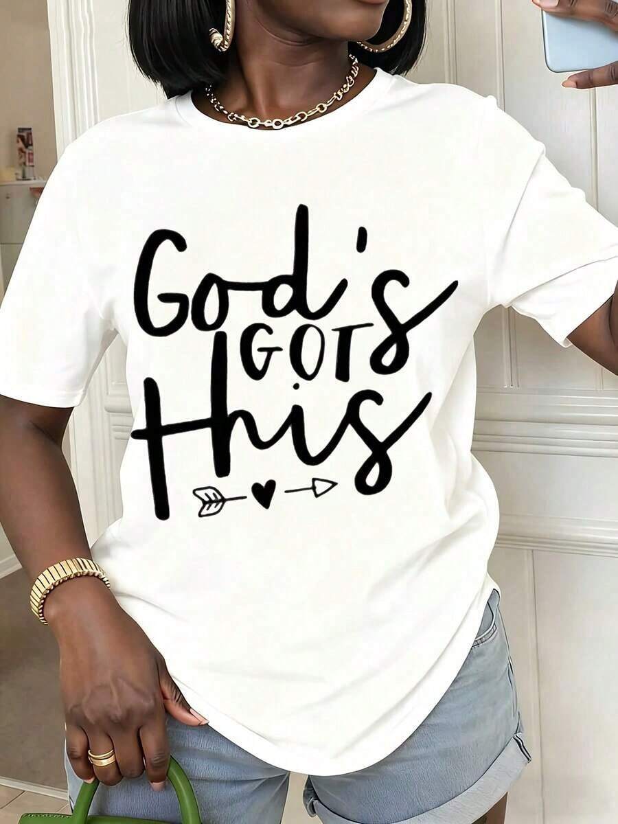 1 Piece Of Women's Summer T-Shirt With "Gods Got This" Print, Round Neck And Short Sleeve, Casual, For Everyday Wear And As A Gift For Friends And Family. - 白色 - 查看 1